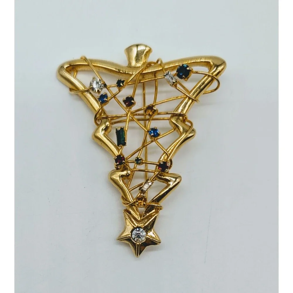 Gold Tone Christmas Tree Multicolor Rhinestone Twisted Wire Brooch Pin